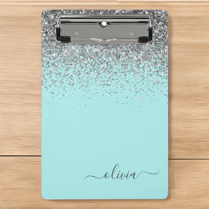 Mini Prancheta Azul Aqua - Monograma com Brilho Teal e Prata