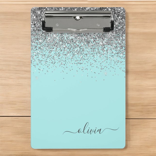 Mini Prancheta Azul Aqua - Monograma com Brilho Teal e Prata (Criador carregado)