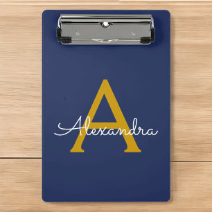 Mini Prancheta Azul Marinho Dourado Moderno Nome de Monograma Fem