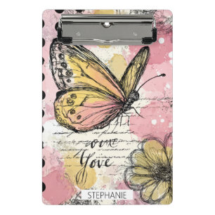 Mini Prancheta Borboleta Rosa Dourado em Aquarela Arte Boho Natur