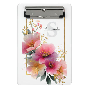 Mini Prancheta Borda Floral Cor de Água Elegante Rosa com Dourado