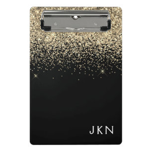 Mini Prancheta Brilho Preto Dourado Monograma Glamour Inicial