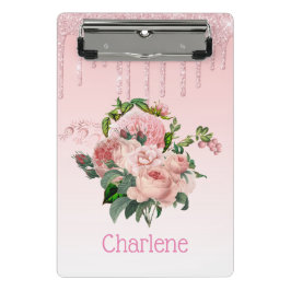 Mini Prancheta Buquê Floral Rosa Bege com Purpurina Rosa