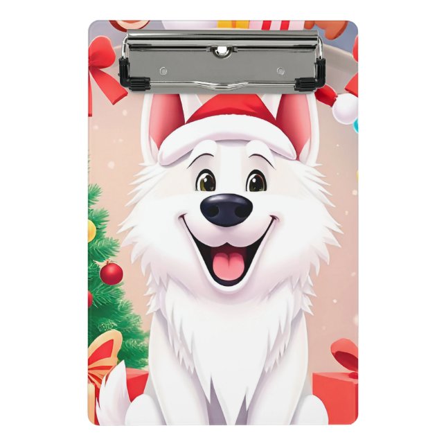Mini Prancheta Cachorro Branco com Chapéu de Papai Noel (Frente)