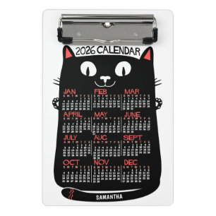 Mini Prancheta Calendário Mensal do Ano de 2026 Gato Preto Meados
