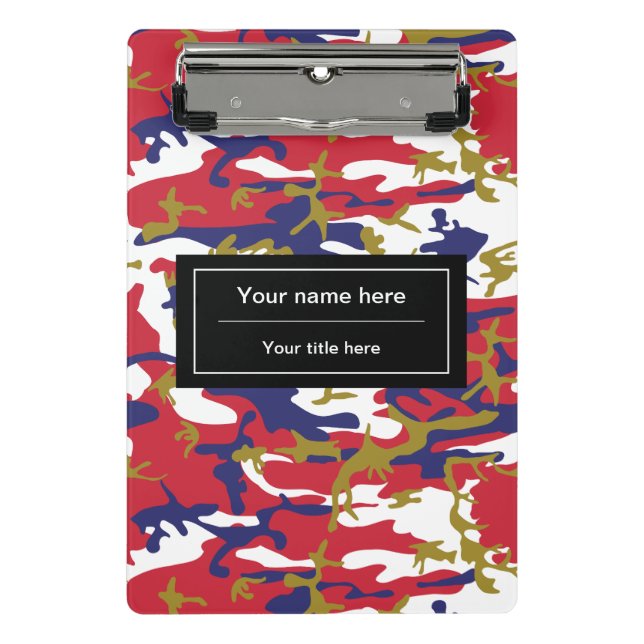 Mini Prancheta Camuflagem, Azul Branco Vermelho Dourado, Militar, (Frente)