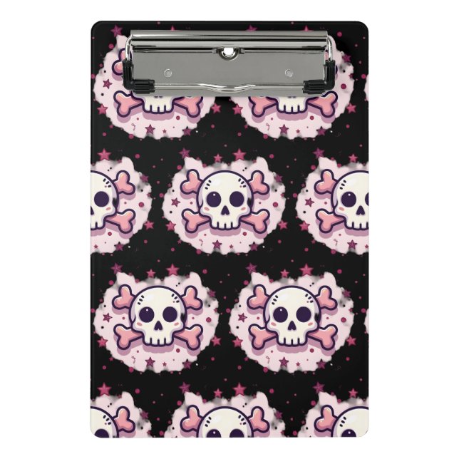 Mini Prancheta Caveira e Ossos Cruzados Rosa Pastel (Frente)