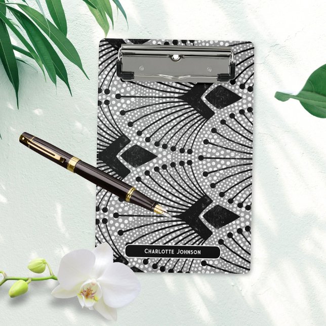 Mini Prancheta Cinza de Art Deco Padrão de Pavão Preto Retro Bran (Gray Art Deco Black White Peacock Pattern Mini Clipboard ©Susanne Sachers - Sunny Mind 🌞)