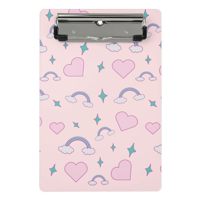 Mini Prancheta Cute Pastel Hearts & Rainbow Pattern | Kawaii Pink (Frente)