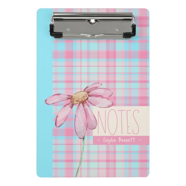 Mini Prancheta Cute plaid  pastel pink Daisy Notes Notebook  (Frente)