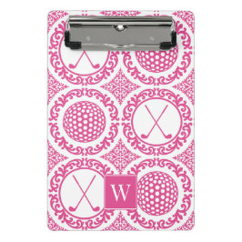 Mini Prancheta Damasceno de Golfe Preppy - Bolas e Tacadas - Rosa