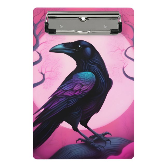 Mini Prancheta Desenho de um corvo sobre fundo rosa-néon (Frente)