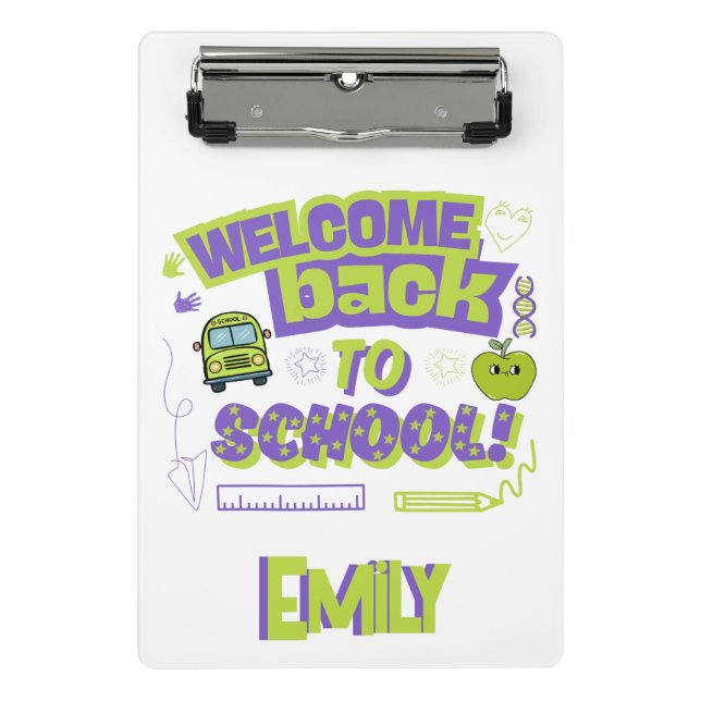 Mini Prancheta Diversão Verde Roxo Bem-vindo de Volta à Escola  (Frente)