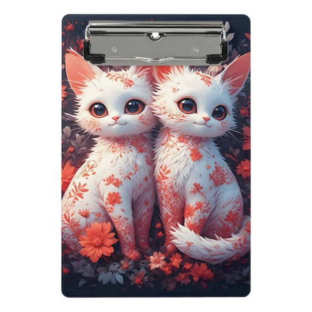 Mini Prancheta Dois gatinhos brancos e flores (Frente)