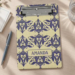 Mini Prancheta Elegante Monograma Damasco Azul Naval Amarelo