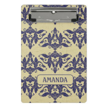 Elegante vintage damask marinho Monograma amarelo 