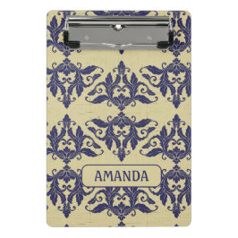 Mini Prancheta Elegante vintage damask marinho Monograma amarelo