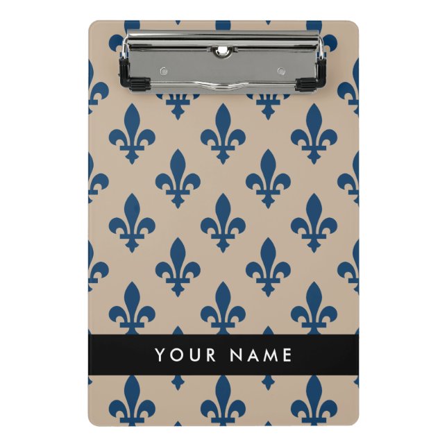Mini Prancheta Fleur de Lis, Navy Blue on Beige, Royal, Your Name (Frente)