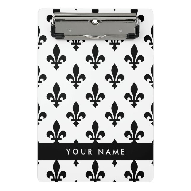 Mini Prancheta Flor de Lis, Preto sobre Branco, Preto, Seu Nome (Frente)