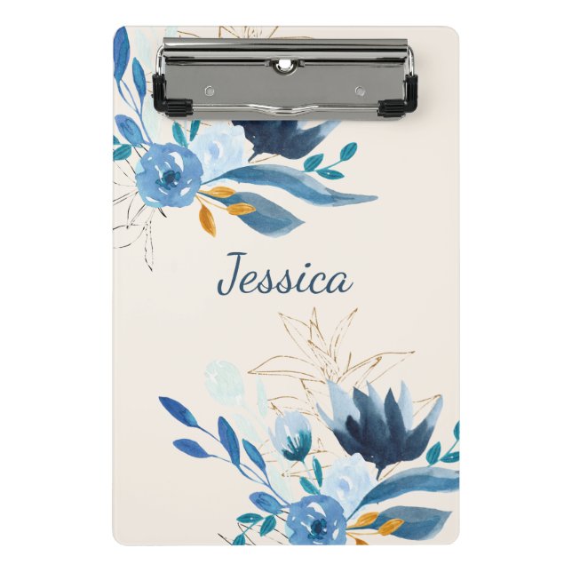 Mini Prancheta Florais Personalizados Nome Aquarela Azul Moderna (Frente)