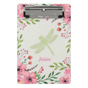 Mini Prancheta Flores cor-de-rosa pintadas bonito com libélula