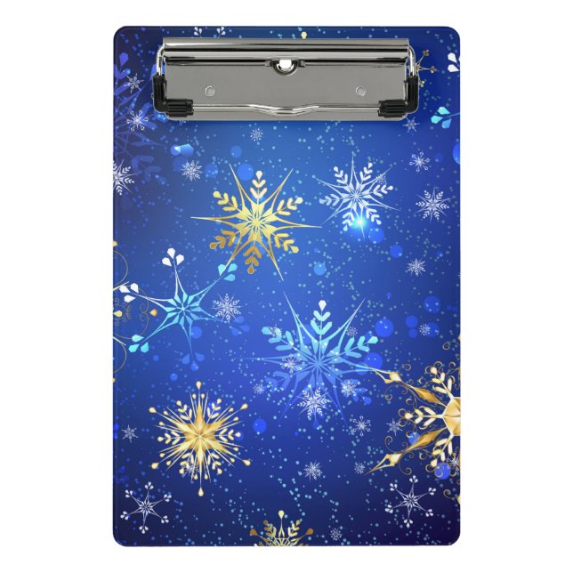 Mini Prancheta Fundo Azul de NATAL com Flocos de Neve Dourados (Frente)
