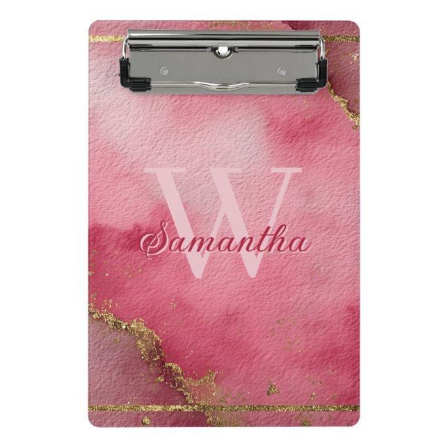 Mini Prancheta Fundo de Aquarela Rosa com Glitter Dourado (Frente)