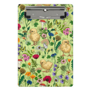Mini Prancheta Galinhas e flores silvestres em verde-orvalho