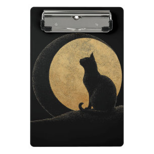 Mini Prancheta Gato Negro Silhout Contra Lua Ouro