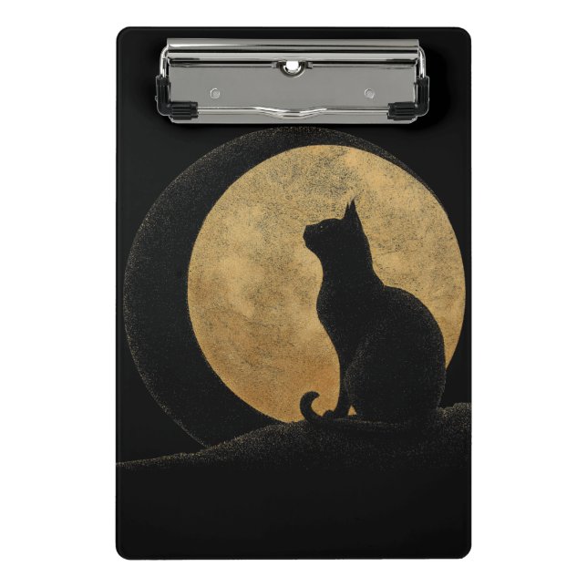 Mini Prancheta Gato Negro Silhout Contra Lua Ouro (Frente)