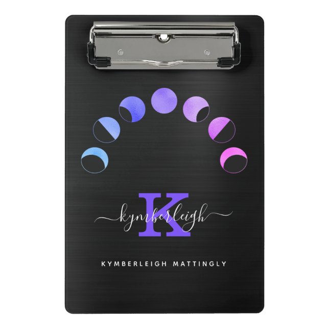 Mini Prancheta Glam Black Moon Phases Pastel Purple Monograma Nom (Frente)