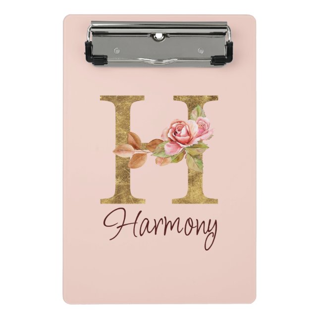 Mini Prancheta Letra Personalizada H Folha Dourada Rosas Rosa Pál (Frente)