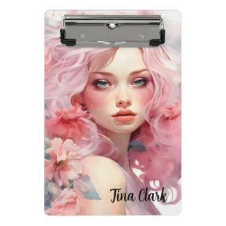 Mini Prancheta Linda Mulher com Cabelo Rosa e Vestido Rosa