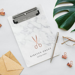 Mini Prancheta Logotipo de Salão da Tesoura Dourada Marble e Rosa