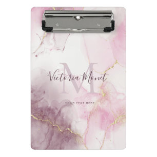 Mini Prancheta Mármore Veia Dourada Rosa Malva Script 