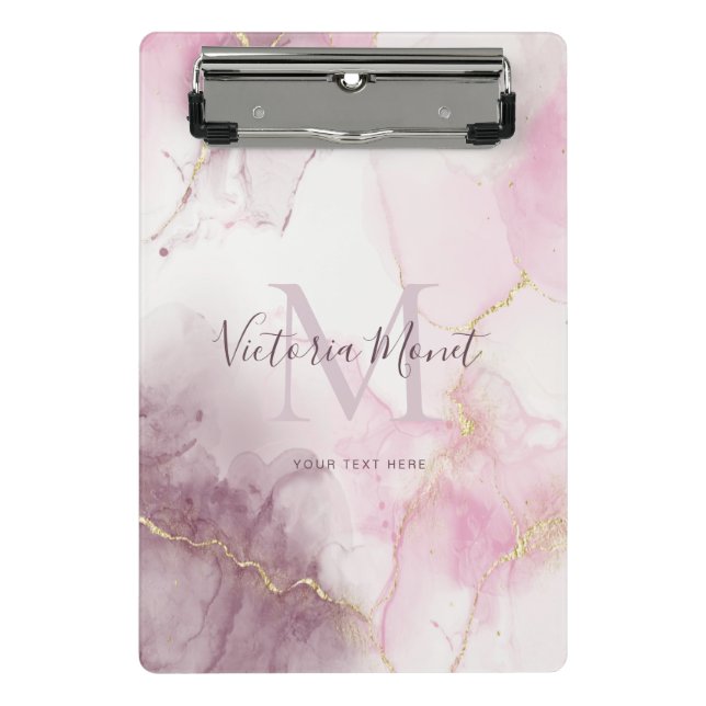 Mini Prancheta Mármore Veia Dourada Rosa Malva Script  (Frente)