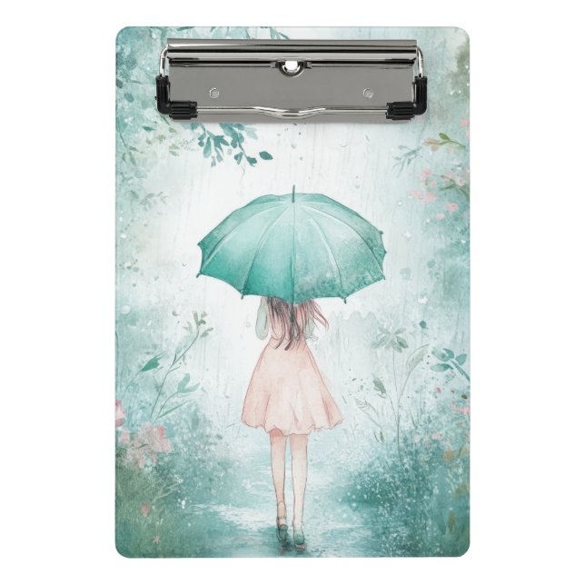 Mini Prancheta Menina com Guarda-Chuva Azul Turquesa Jardim Chuvo (Frente)