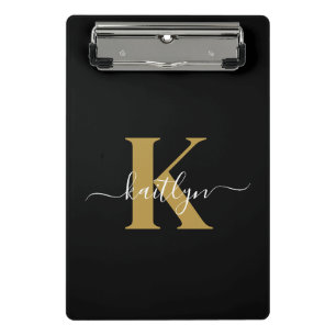 Mini Prancheta Monograma de Letra de Forma Elegante Preto e Doura
