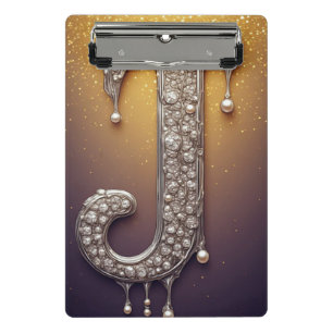Mini Prancheta Monograma de Letra J de Luxo em Ouro Diamante Péro
