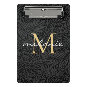 Mini Prancheta Monograma de Script Floral Dourado Elegante Preto