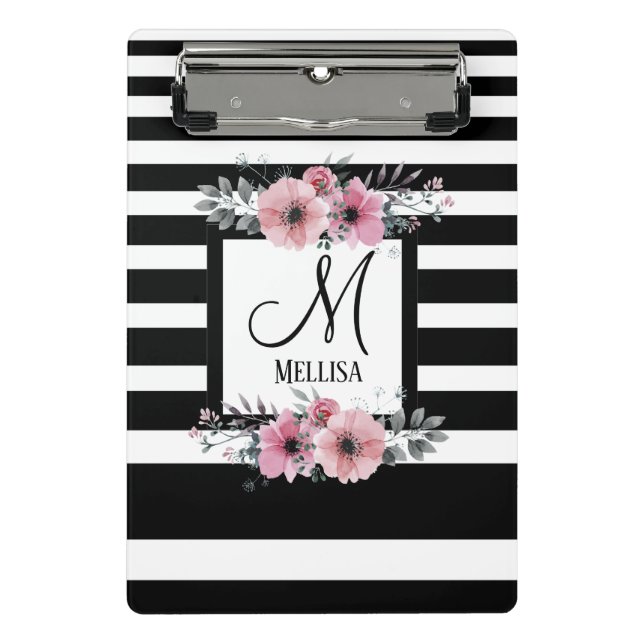 Mini Prancheta Monograma Floral Cor-de-rosa com faixas brancas e  (Frente)