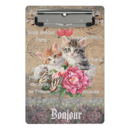 Mini Prancheta Monograma Grunge madeira floral e gatos Francês