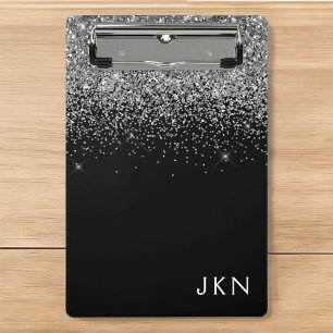 Mini Prancheta Nome de Monograma Glitter Prateado Preto Feminino