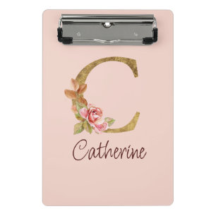 Mini Prancheta Nome Personalizado Folha de Ouro Blush Rosas Rosa