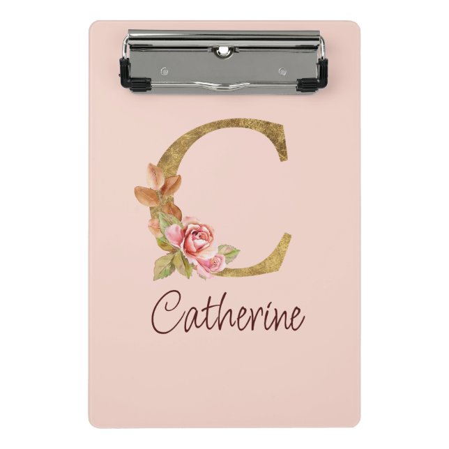Mini Prancheta Nome Personalizado Folha de Ouro Blush Rosas Rosa  (Frente)