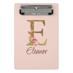 Mini Prancheta Nome Personalizado Letra E Folha Dourada Rosas Ros