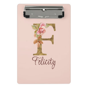 Mini Prancheta Nome Personalizado Letra F Dourado Folha Rosa Cor-