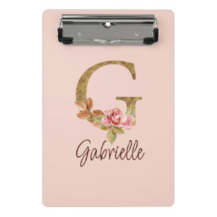 Mini Prancheta Nome Personalizado Letra G Folha Dourada Rosas Ros
