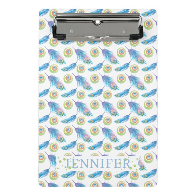 Mini Prancheta Nome Personalizado Penas Pavão Azul Fundo (Frente)
