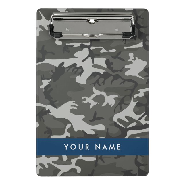 Mini Prancheta Padrão de Camuflagem Cinza, Seu nome, Personalizar (Frente)
